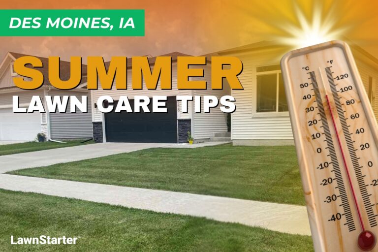 A house with a manicured lawn on an illustrated image with a thermometer and sunburst depicting summer heat.