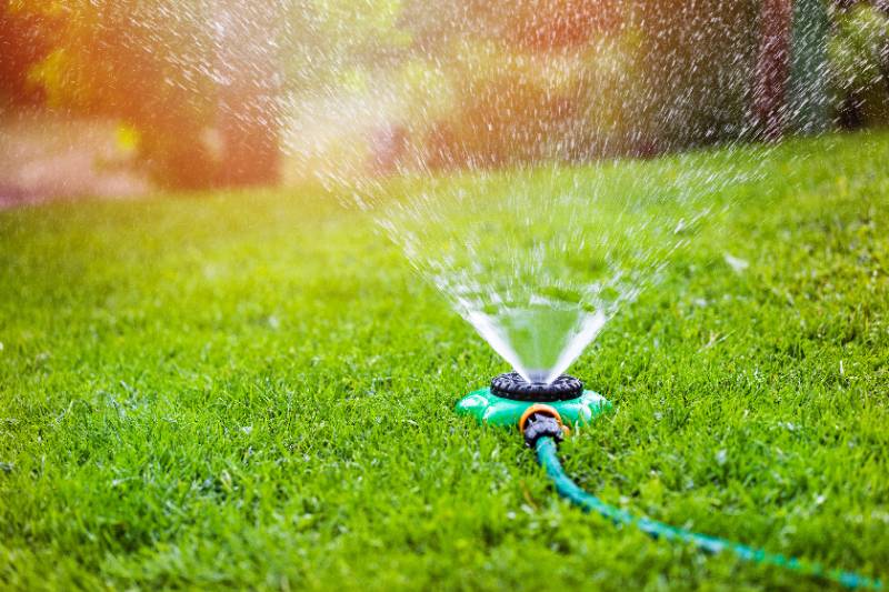 Aspersor de césped que riega césped verde brillante y rocía agua uniformemente por todo el jardín para favorecer el crecimiento saludable del césped.